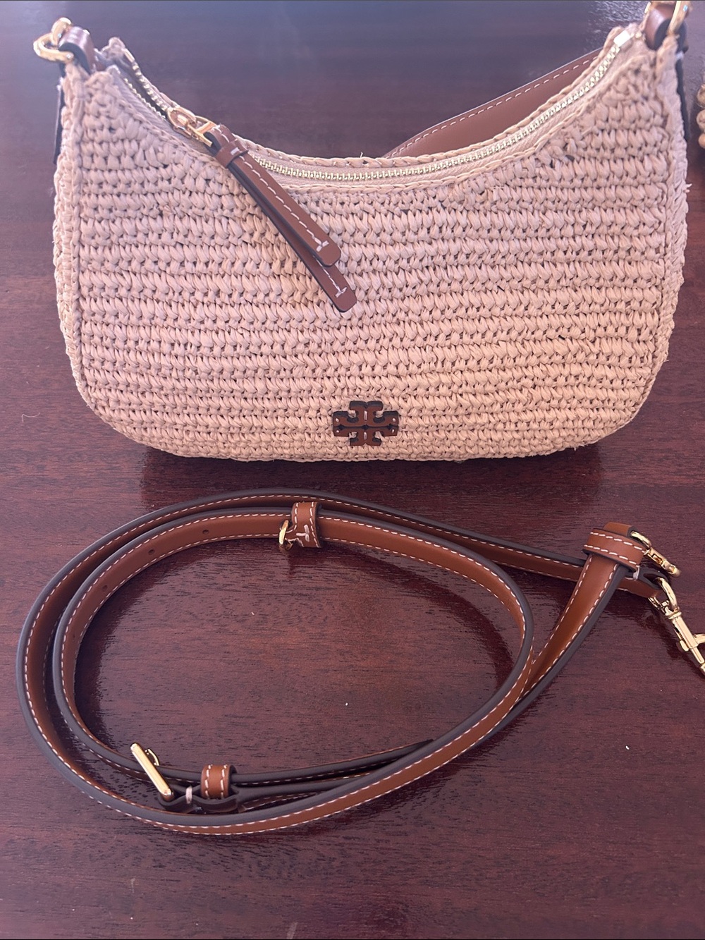 Tory Burch Cream Woven Straw Hobo with Brown Leather Trim - Picture 8 of 11